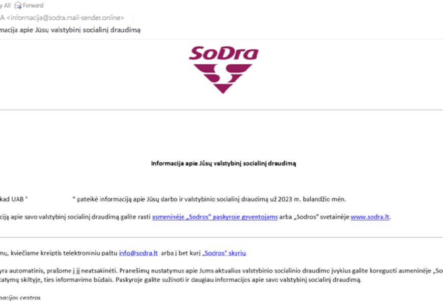 Būkite budrūs: sukčiai siunčia laiškus „Sodros“ vardu