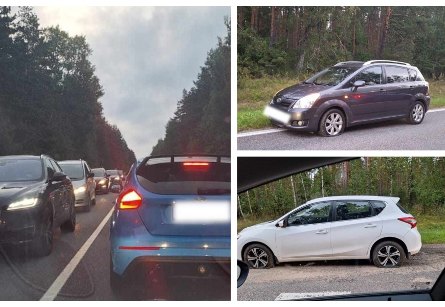 Pavojingas išpuolis kelyje tarp Varėnos ir Merkinės: tyčia primėtyta „ežių“, 15 automobilių sprogo padangos