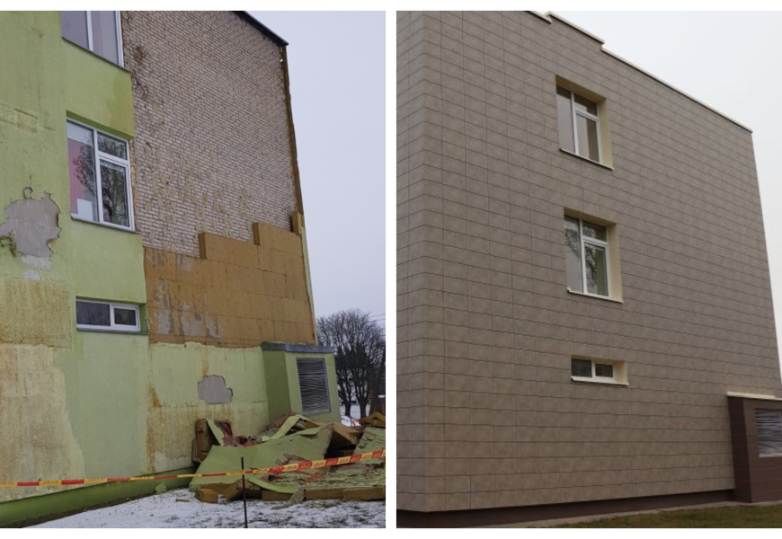 Suremontuotas pavojų kėlęs Miroslavo gimnazijos fasadas