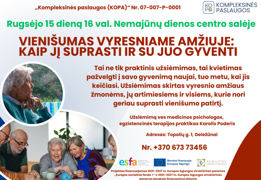 Vyresnio amžiaus žmonės kviečiami į paskaitą apie vienišumą – bus suteiktas ir nemokamas pavėžėjimas Vyresnio amžiaus žmonės kviečiami į paskaitą apie vienišumą – bus suteiktas ir nemokamas pavėžėjimas