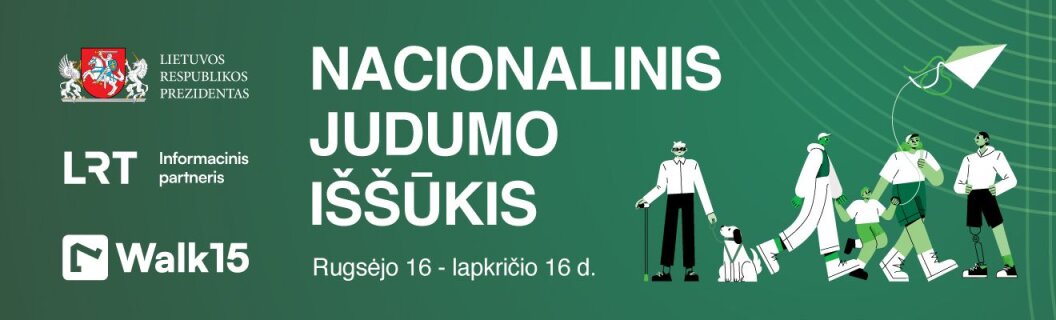 Žalias Nacionalinio judumo iššūkio skydelis su vaikštančių žmonių piešiniais ir rugsėjo 16–lapkričio 16 d. datomis